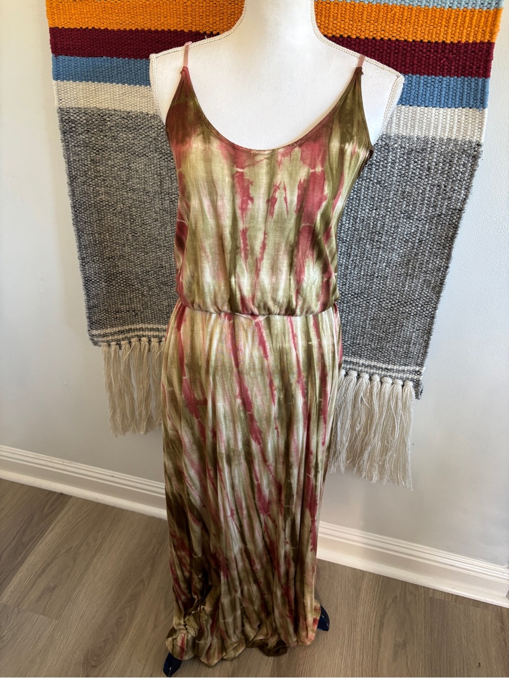 Tie-Dye Olive and Rose Maxi Dress with Spaghetti Straps